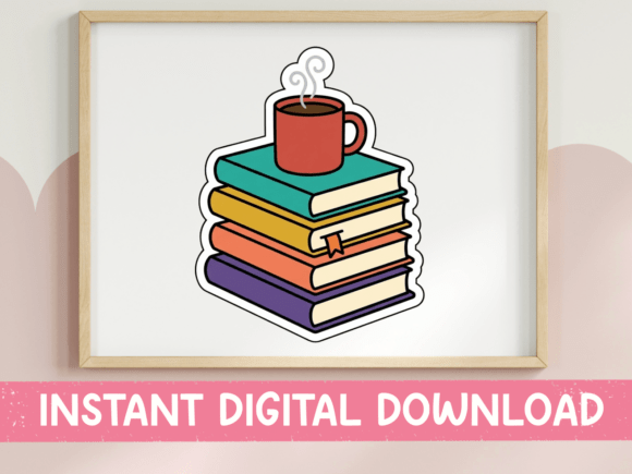 Book Stack with Coffee Sticker Graphics for T-Shirt Designs