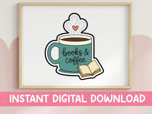 Books and Coffee Teal Mug Sticker: Graphics for T-Shirt Designs