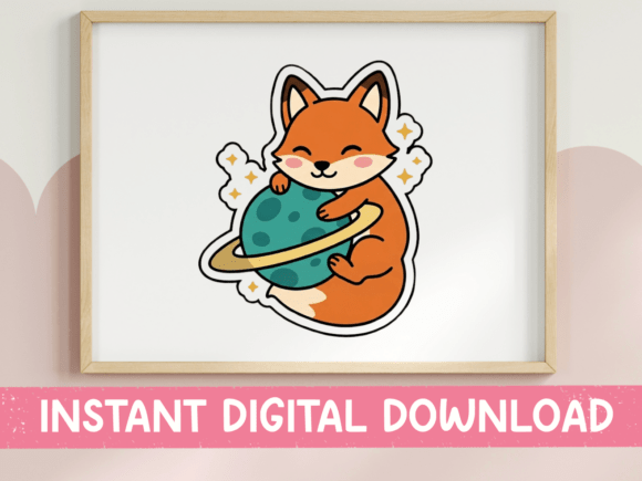 Cute Fox Hugging Planet Space Sticker: Graphics for T-Shirt Designs