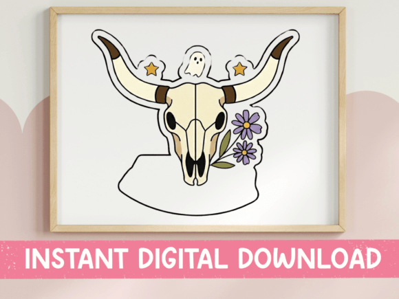 Floral Ghost Longhorn Skull Sticker Graphics for T-Shirt Designs