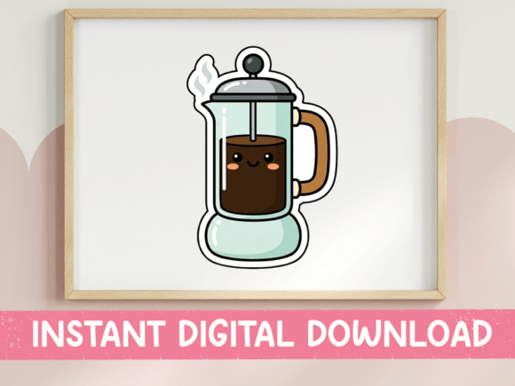 Kawaii French Press Coffee Sticker: Graphics for T-Shirt Designs