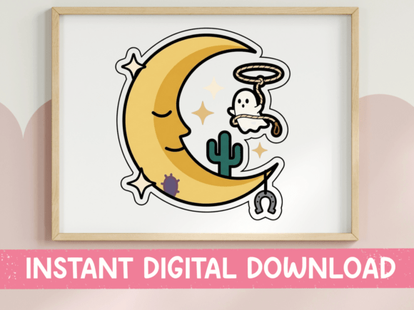 Western Ghost Moon Cactus Sticker Graphics for T-Shirt Designs